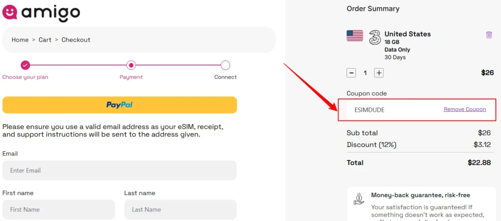 Amigo eSIM Checkout Page