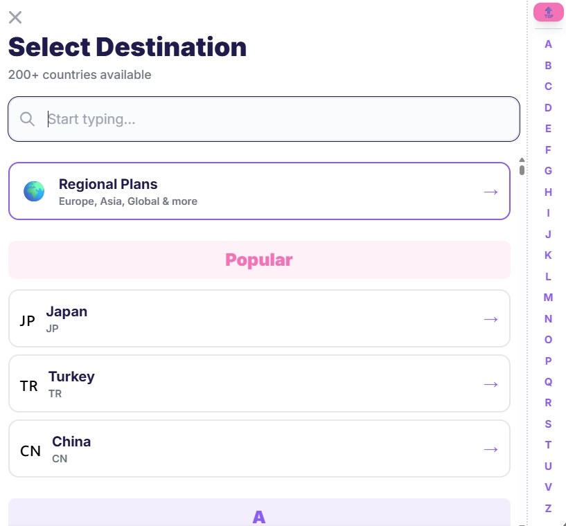 Choose Destination or esim.dog plans