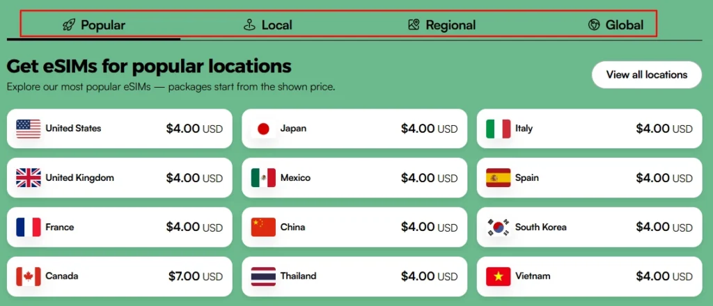 Select Destination for applying Airalo Coupon Code