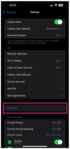 Settings for adding eSIM.sm