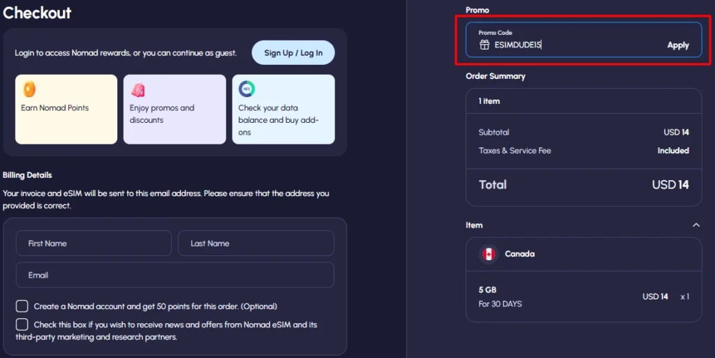 Nomad eSIM Checkout Page